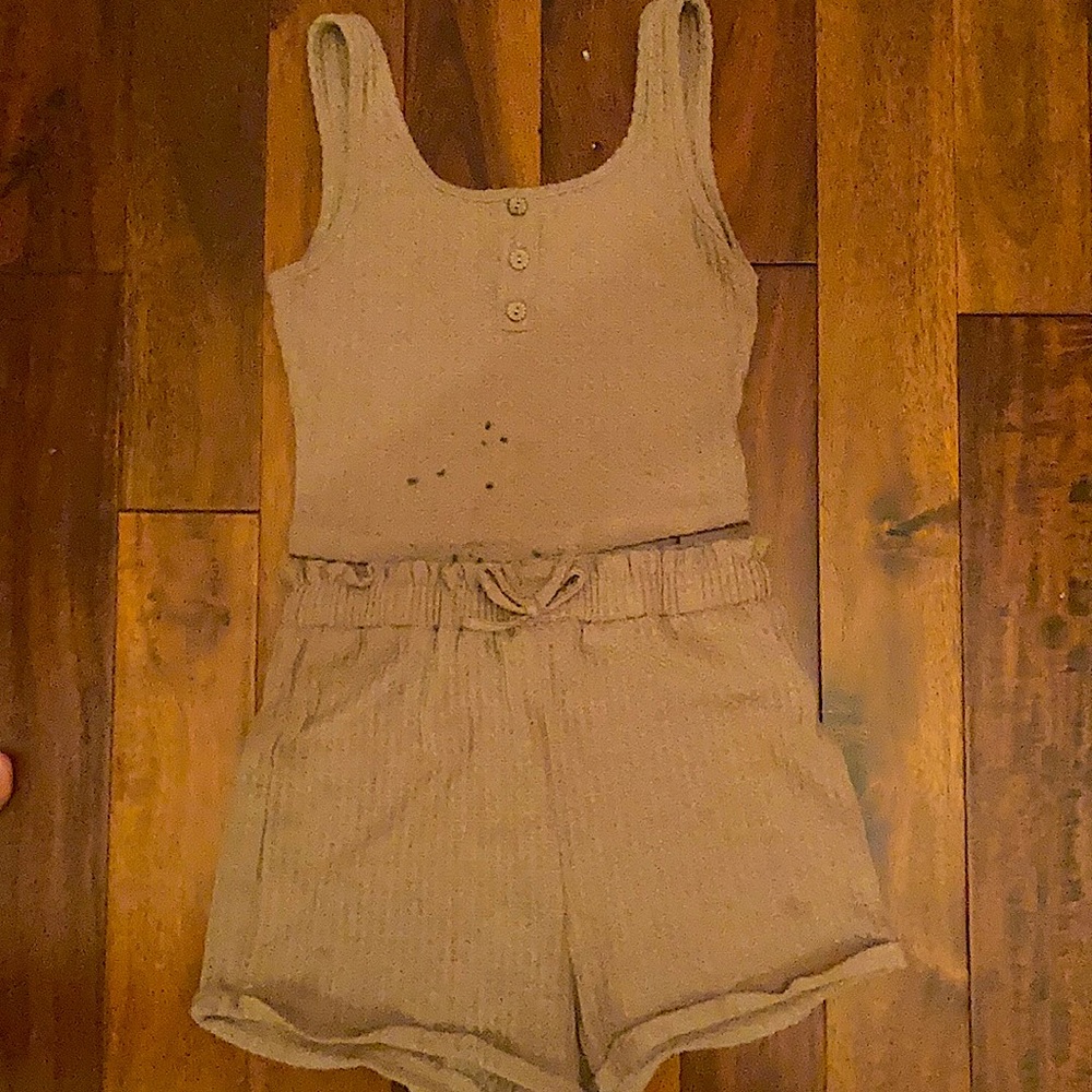 Light brown cropped tank top and shorts